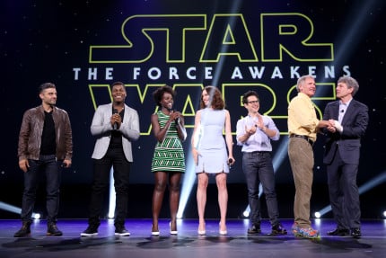 ANAHEIM, CA - AUGUST 15: (L-R) Actors Oscar Isaac, John Boyega, Lupita Nyong'o, Daisy Ridley, director J.J. Abrams and actor Harrison Ford of STAR WARS: THE FORCE AWAKENS and Chairman of the Walt Disney Studios Alan Horn took part today in "Worlds, Galaxies, and Universes: Live Action at The Walt Disney Studios" presentation at Disney's D23 EXPO 2015 in Anaheim, Calif. (Photo by Jesse Grant/Getty Images for Disney) *** Local Caption *** Oscar Isaac; John Boyega; Lupita Nyong'o; Daisy Ridley; J.J. Abrams; Harrison Ford; Alan Horn