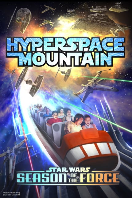 Season of the Force Coming to Disney Parks -- This new seasonal event, beginning early 2016, brings new experiences to both coasts. In Tomorrowland at Disneyland park, guests will explore the Star Wars galaxy with special entertainment throughout the land, themed food locations and more. Guests also will be thrilled to climb aboard Hyperspace Mountain, a reimagining of the classic Space Mountain attraction, in which guests will join an X-wing Starfighter battle. At DisneyÕs Hollywood Studios, guests will close out weekend nights with a new fireworks spectacular set to the iconic score of the Star Wars movies. (Disney Parks)