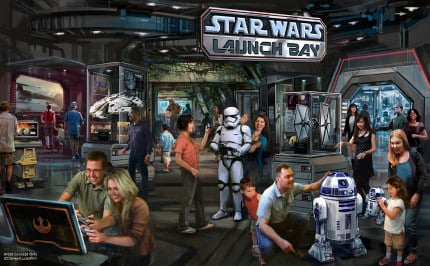 Star Wars Launch Bay Coming to Disneyland Resort and Walt Disney World Resort -- This interactive experience will take guests into the upcoming film, Star Wars: The Force Awakens, with special exhibits and peeks behind the scenes, including opportunities to visit with new and favorite Star Wars characters, special merchandise and food offerings. Star Wars Launch Bay will be located in the Animation Courtyard at DisneyÕs Hollywood Studios and in Tomorrowland at Disneyland park. (Disney Parks)