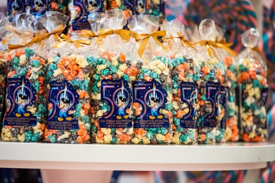 50th celebration colored popcorn on shelf at the Main Street Confectionery