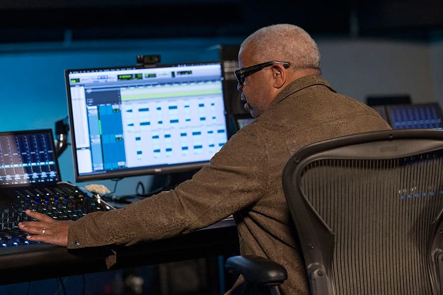 Musician Terence Blanchard recording the Tiana’s Bayou Adventure soundtrack