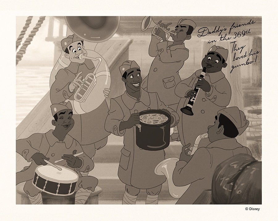 In faded sepia tone, Tiana's father, James, offers gumbo to military service members as they play instruments around him.
