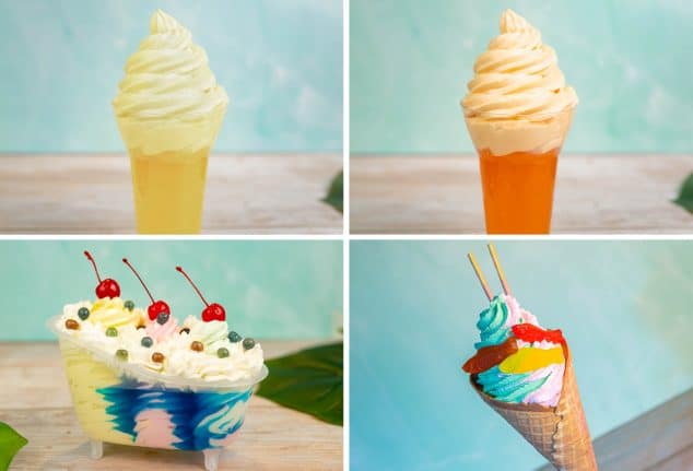 Dole Whip Floats, DOLE Whip Bathtub Sundae, DOLE Whip Strawberry and Green Matcha Soft-serve Swirl Cone