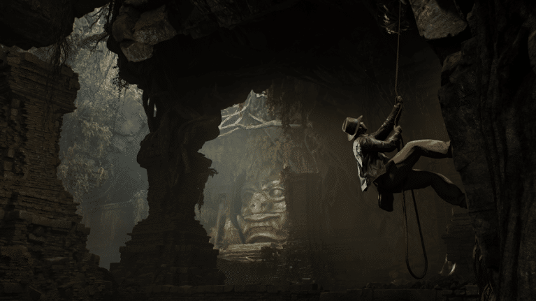 Screenshot Indiana Jones climbing whip in jungle temple in Indiana Jones and the Great Circle