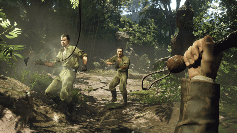 Screenshot of Indiana Jones using his whip against enemies in Indiana Jones and the Great Circle