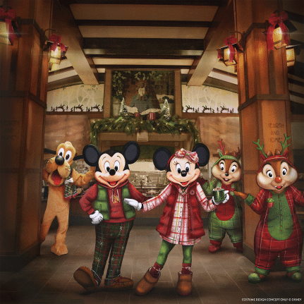 Rendering of Mickey and Friends in their holiday outfits at Storytellers Cafe