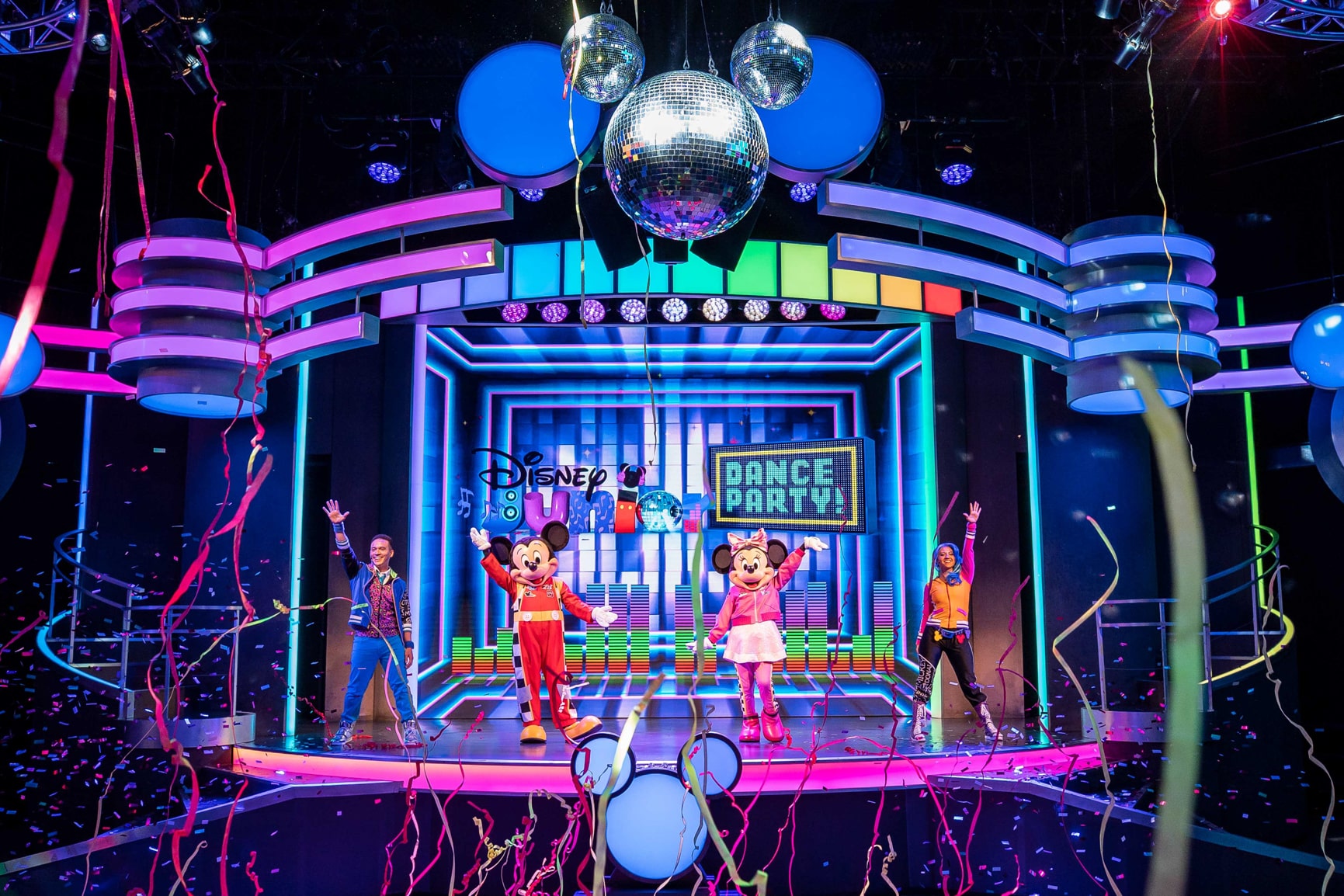 “Disney Junior Dance Party!” at Disney California Adventure Park features high-energy songs, dazzling special effects, and beloved characters from Disney Junior TV shows. During the party, Finn Fiesta and DJ Deejay encourage kids to sing and dance to some of their favorite Disney Junior songs along with Doc McStuffins, Mickey Mouse and Minnie Mouse and Vampirina.