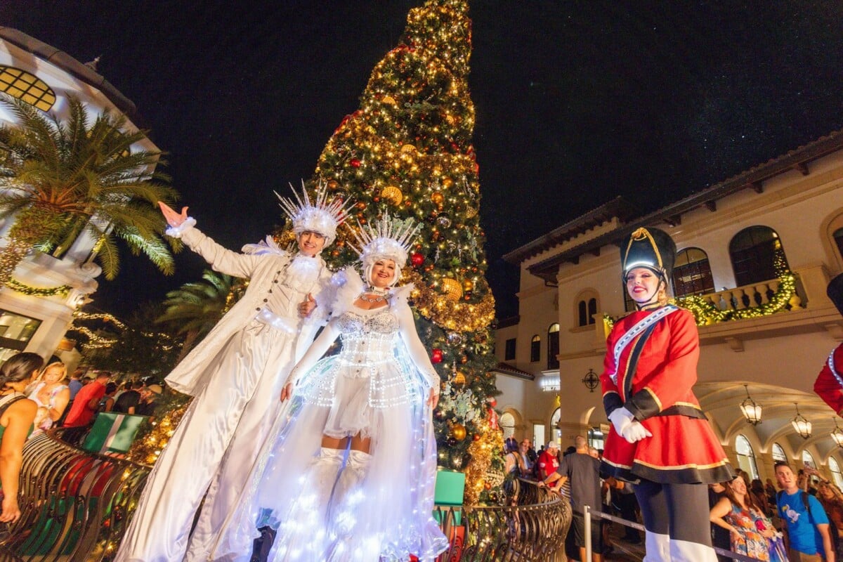 Holiday Toy Soldier Stilt Walkers and Roller Blading Snowflakes at Disney Springs