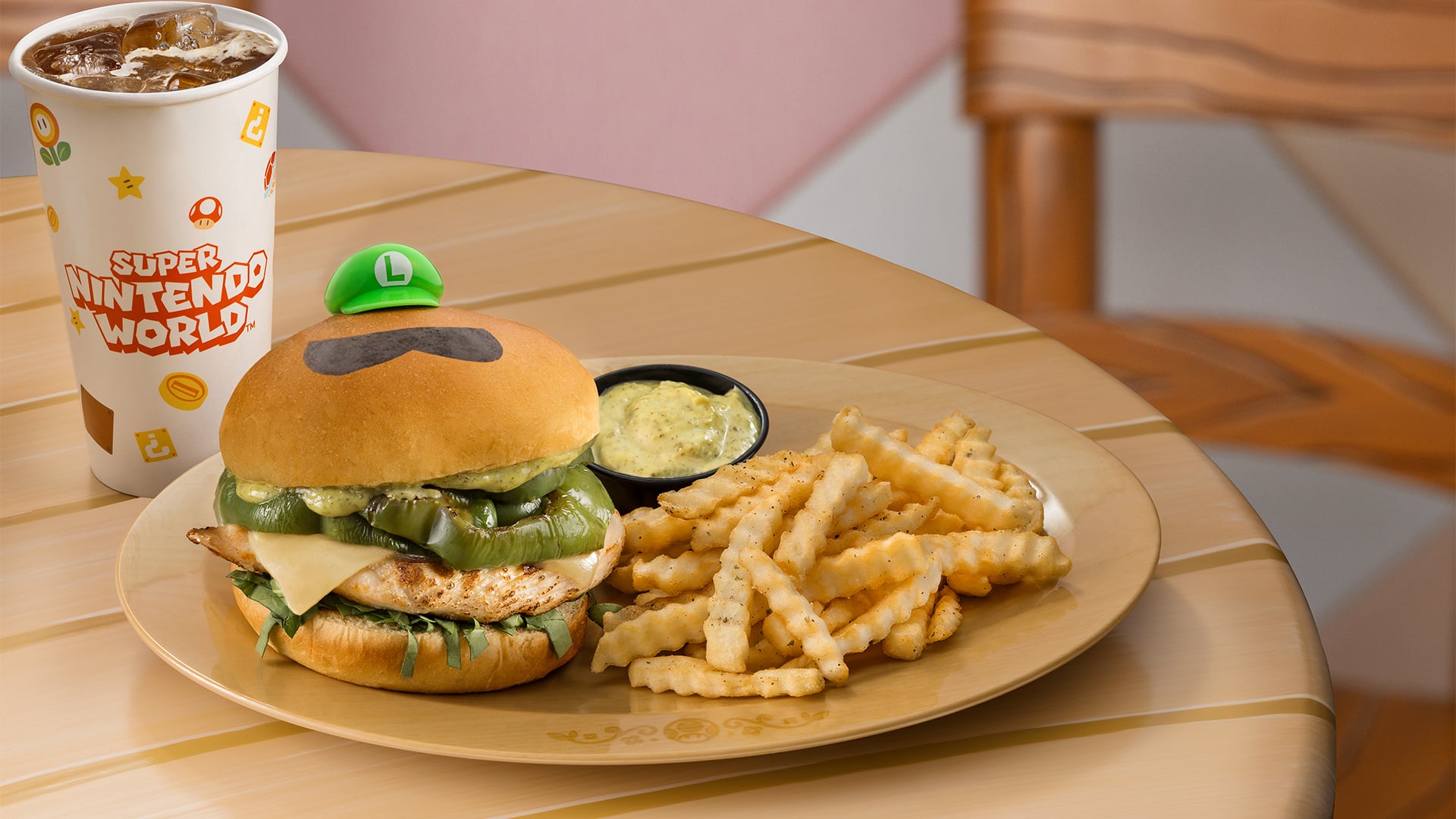 Luigi Burger (Pesto Grilled Chicken) at Toadstool Cafe in SUPER NINTENDO WORLD at Universal Epic Universe