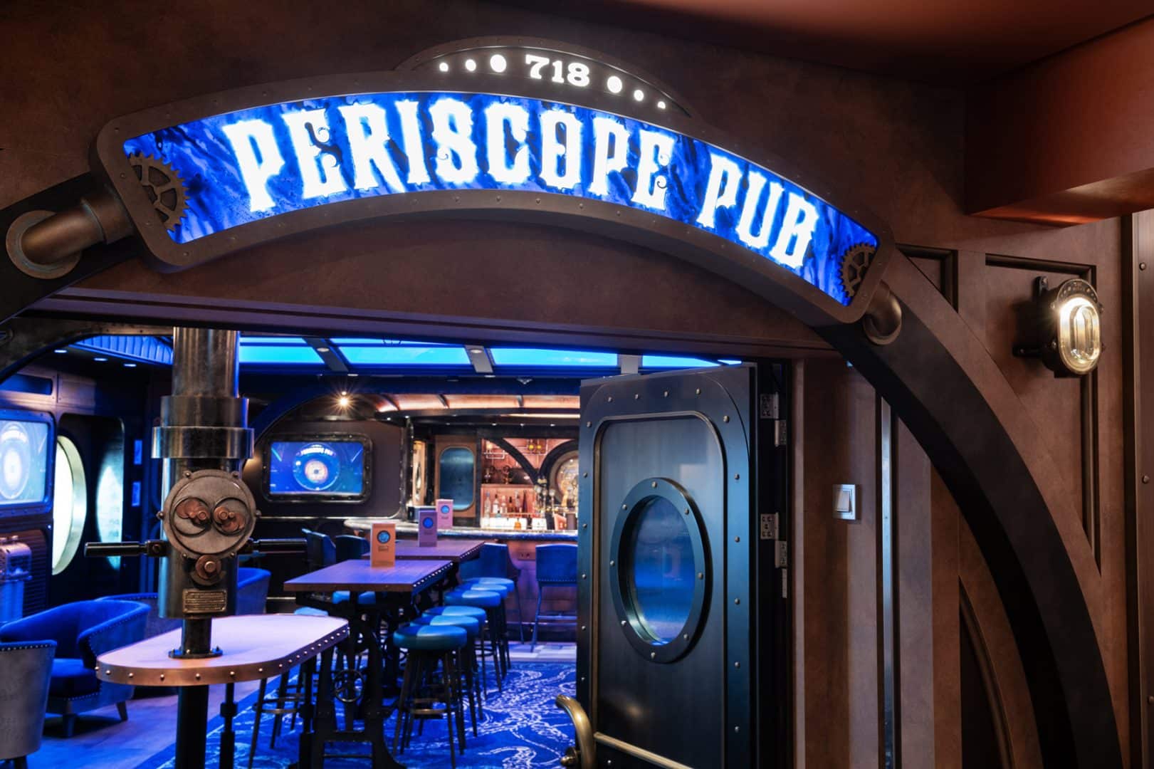 Periscope Pub, a "20,000 Leagues Under the Sea"-inspired lounge onboard the Disney Treasure