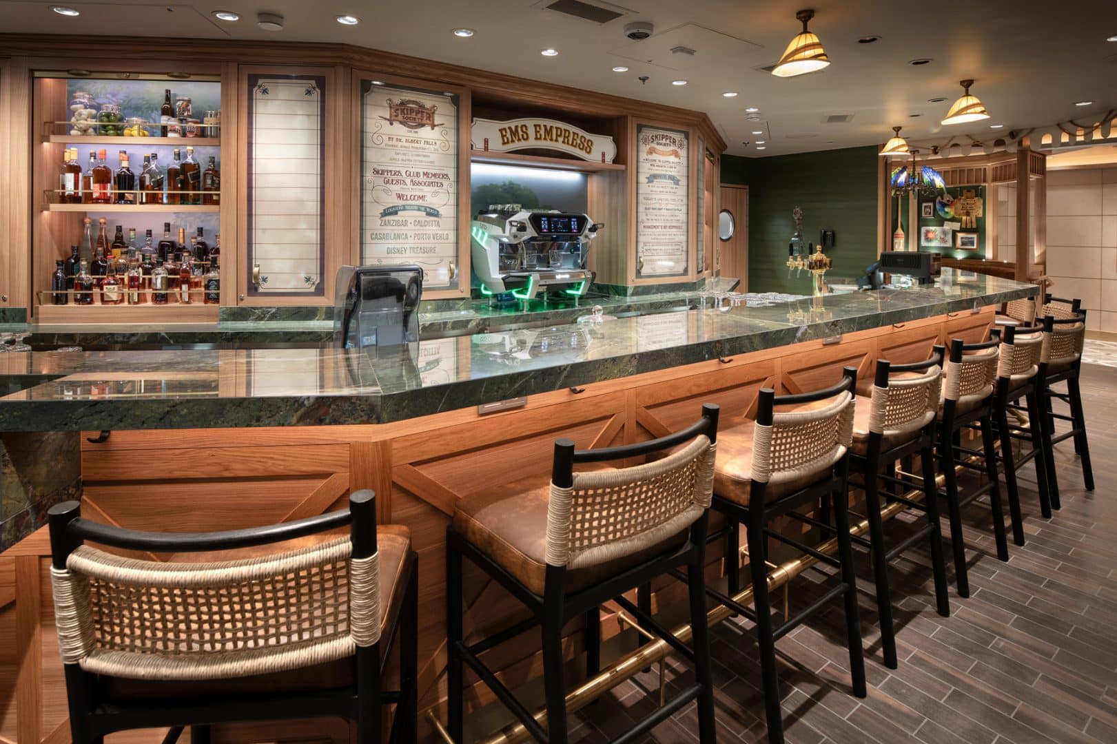 Skipper Society, a Jungle Cruise-inspired lounge onboard the Disney Treasure