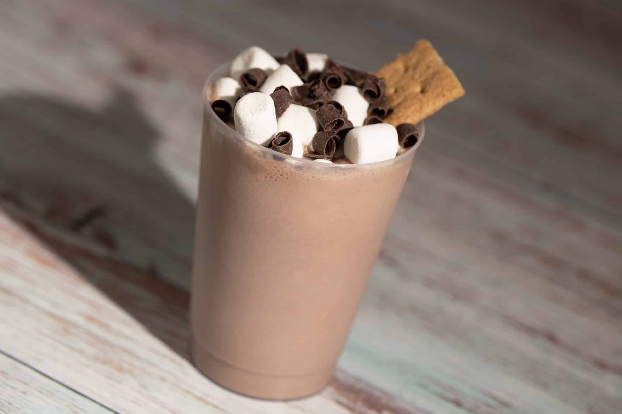 Frozen Smore Chocolate Milk Shake with Marshmallow Syrup Topped with Mini Marshmallows and a Graham Cracker non alcoholic