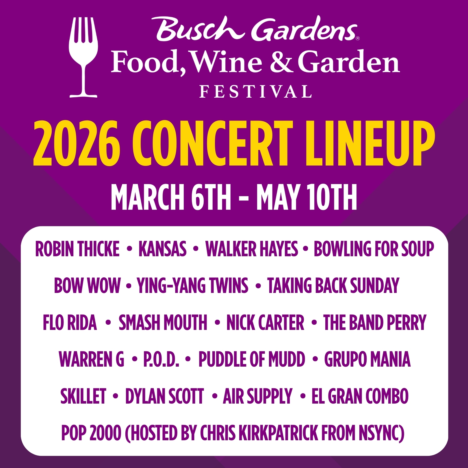 Busch Gardens Tampa Bay Unveils 2026 Concert Series Featuring 20+ Artists | The Main Street Mouse Busch Gardens Tampa Bay Unveils 2026 Concert Series Featuring 20+ Artists