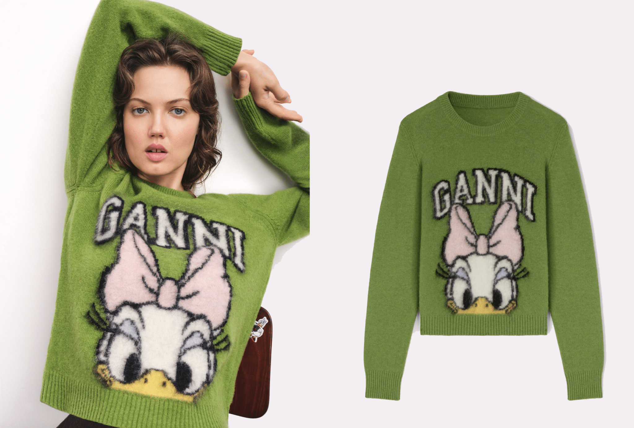GANNI x Disney Daisy Duck Green Brushed Wool Jumper | The Main Street Mouse Ganni X Disney Daisy Duck Green Brushed Wool Jumper