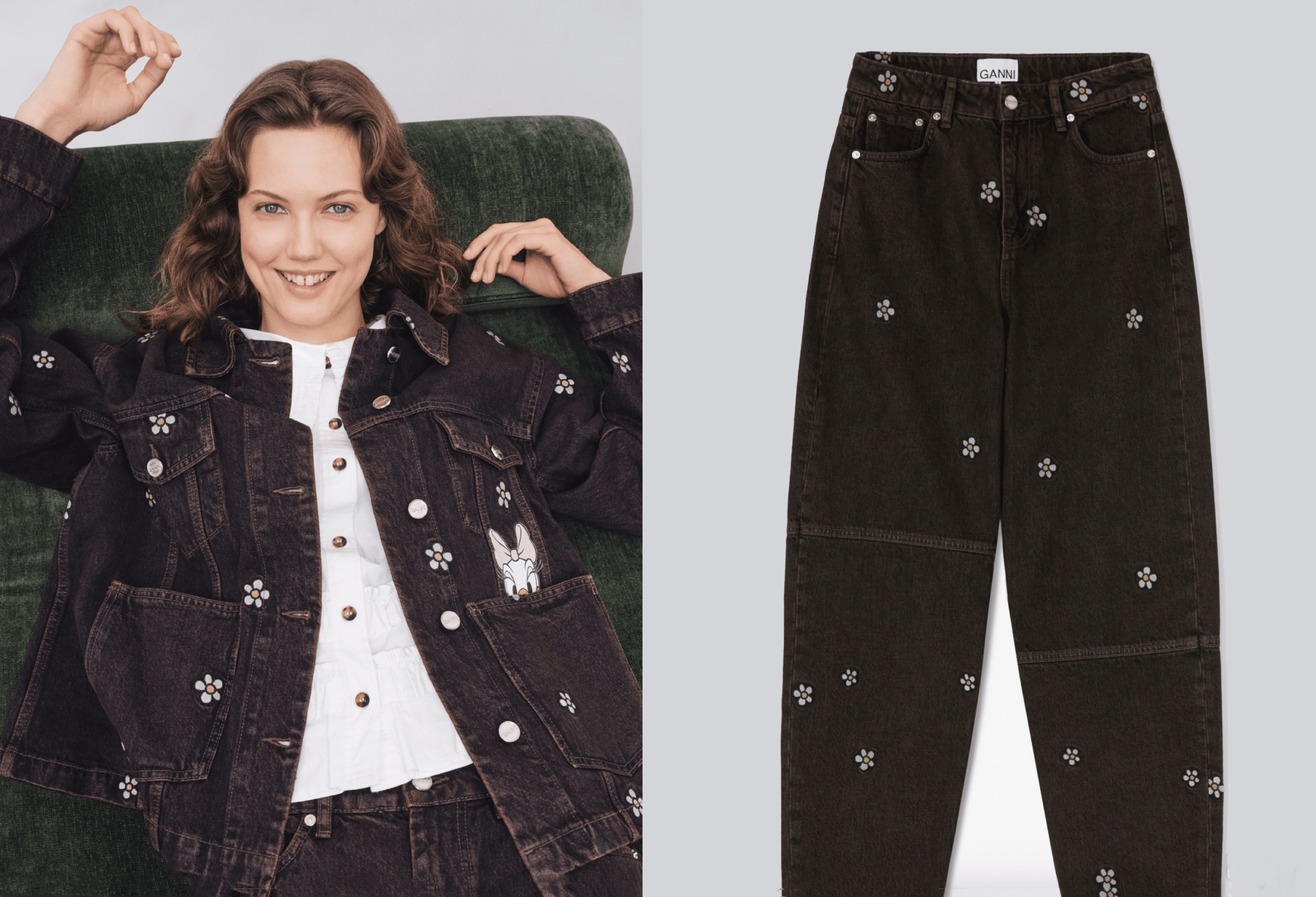 GANNI x Disney Daisy Duck Denim Oversized Jacket and Daisy Duck Stary Jeans | The Main Street Mouse Ganni X Disney Daisy Duck Denim Oversized Jacket and Daisy Duck Stary Jeans