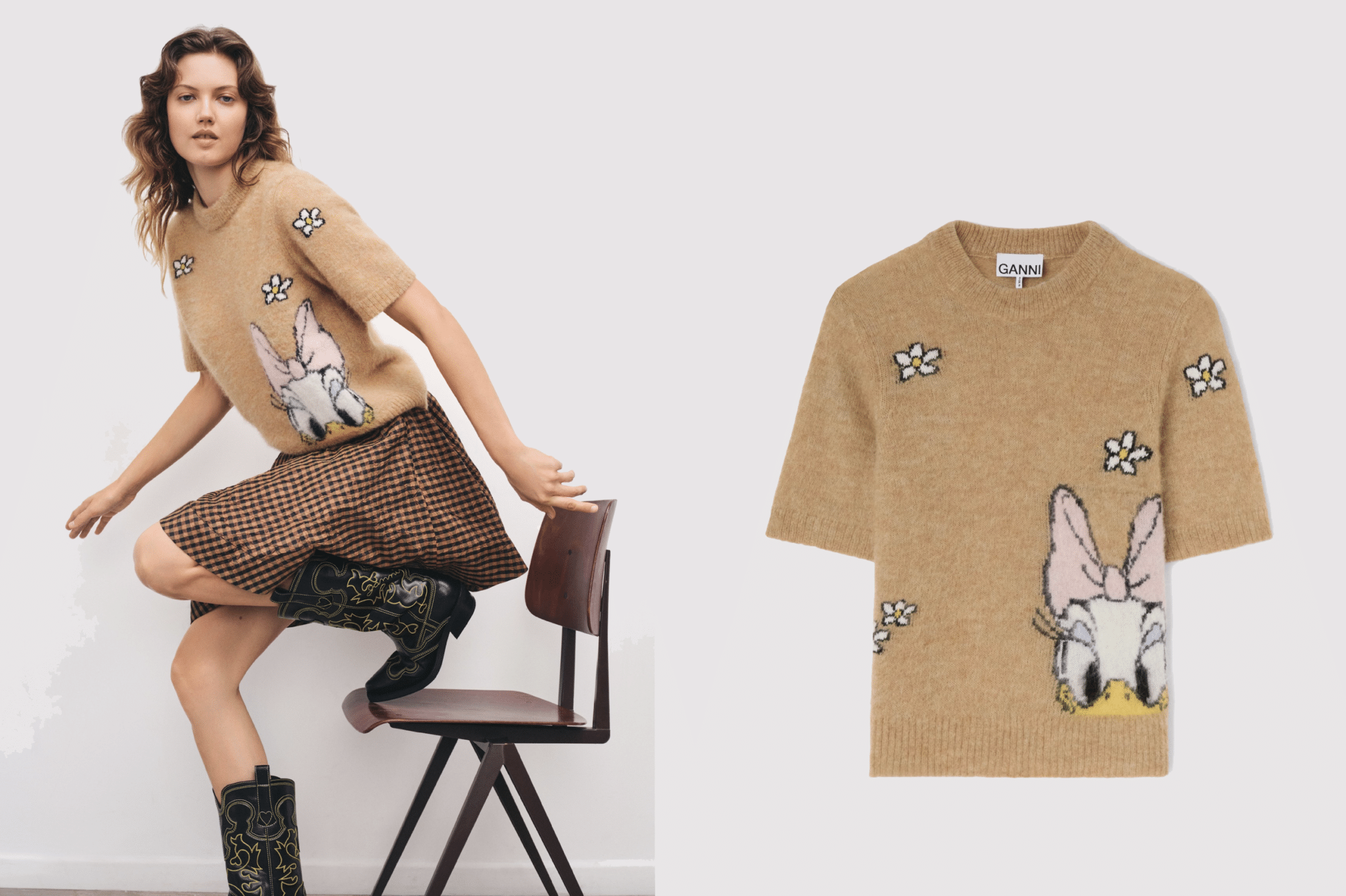 GANNI x Daisy Duck Daisy Duck Beige Brushed Alpaca Tshirt | The Main Street Mouse Ganni X Daisy Duck Daisy Duck Beige Brushed Alpaca T shirt