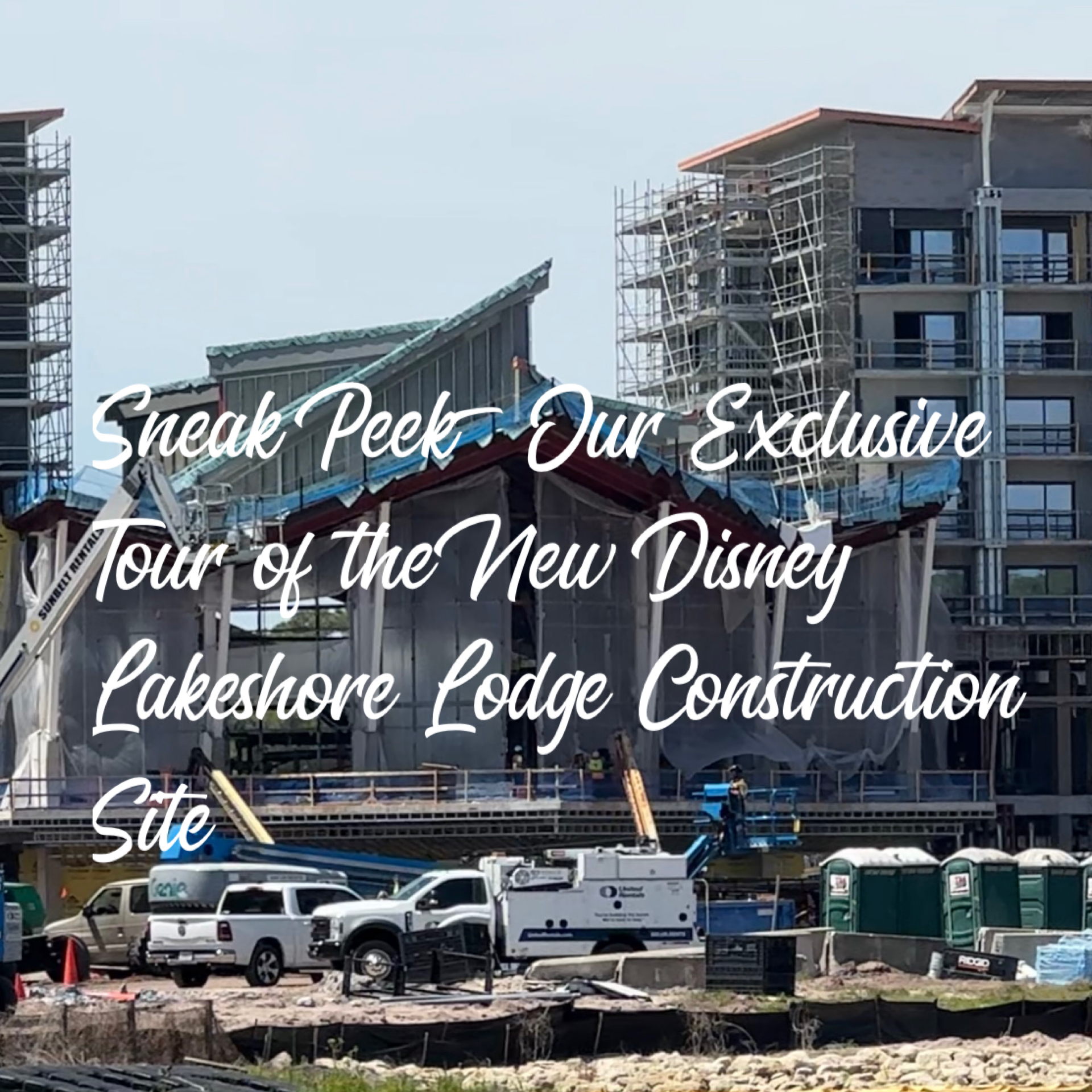 Construction Site with Scaffolding Around Mid rise Buildings Construction Vehicles and Materials on the Ground and Large White Script Text Overlaid Reading sneak Peek Our Exclusive