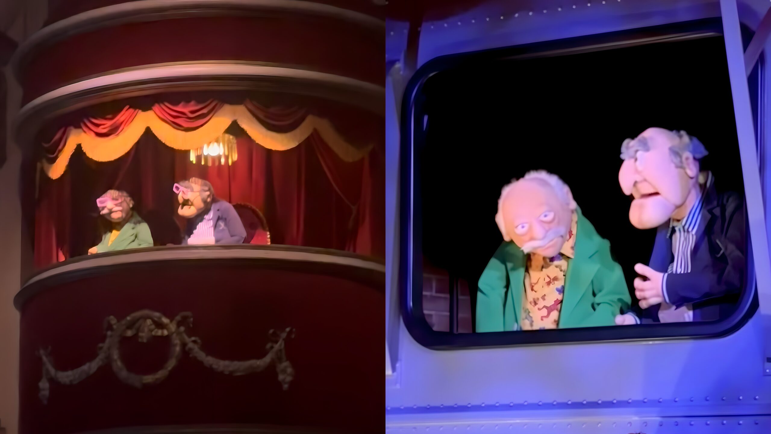 Disney Reveals Waldorf and Statler Will Appear in Rock n Roller Coaster Starring The Muppets | The Main Street Mouse Split Image Left Side Shows Two Marionette Puppets in a Red curtained Theater Stage Right Side Shows Two Puppets Looking out from a Bus Window with Blue Lighting at Night