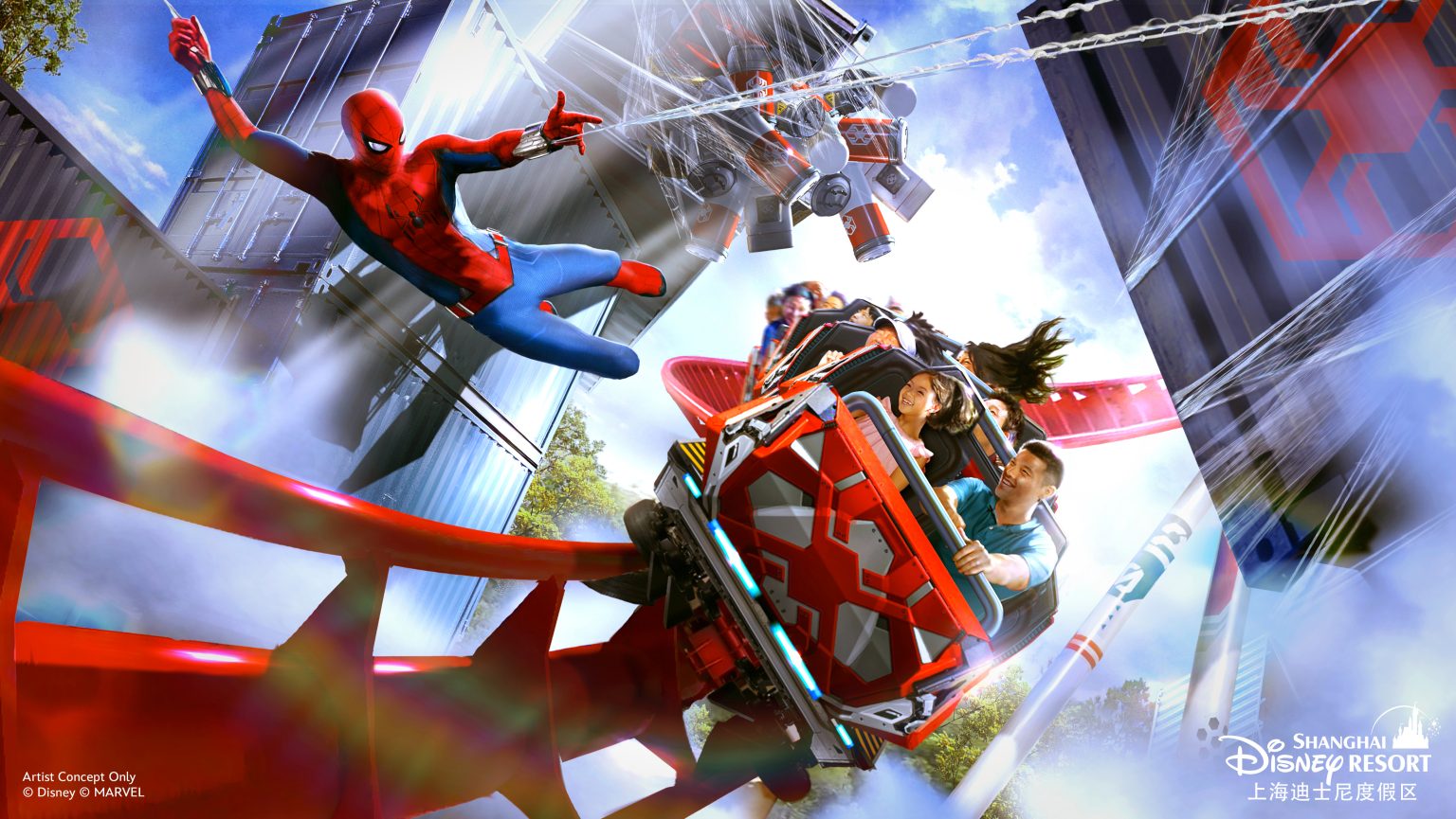 2024d23disneyconceptartshanghaidisneylandSHDRSpiderManCoaster11536x865 | The Main Street Mouse 2024 d23 disney concept art shanghai disneyland shdr spider man coaster1 1536x865