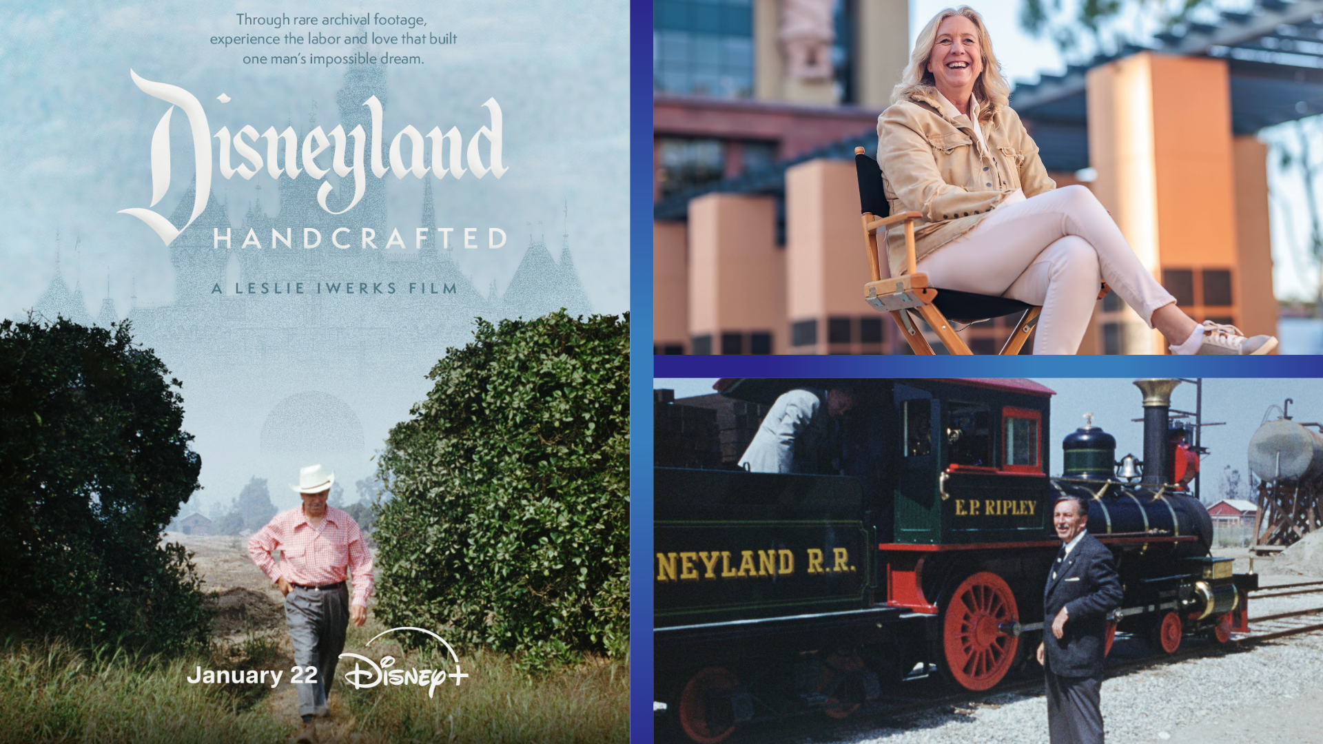 Disney Shares BehindtheScenes Look at the Music of Disneyland Handcrafted | The Main Street Mouse Collage Poster for Disneyland Handcrafted Left Panel with the Title and Archival Skyline over a Field Scene Right Panels Show a Smiling Woman Seated Outdoors and a Vintage Steam Train with a Man Nearby
