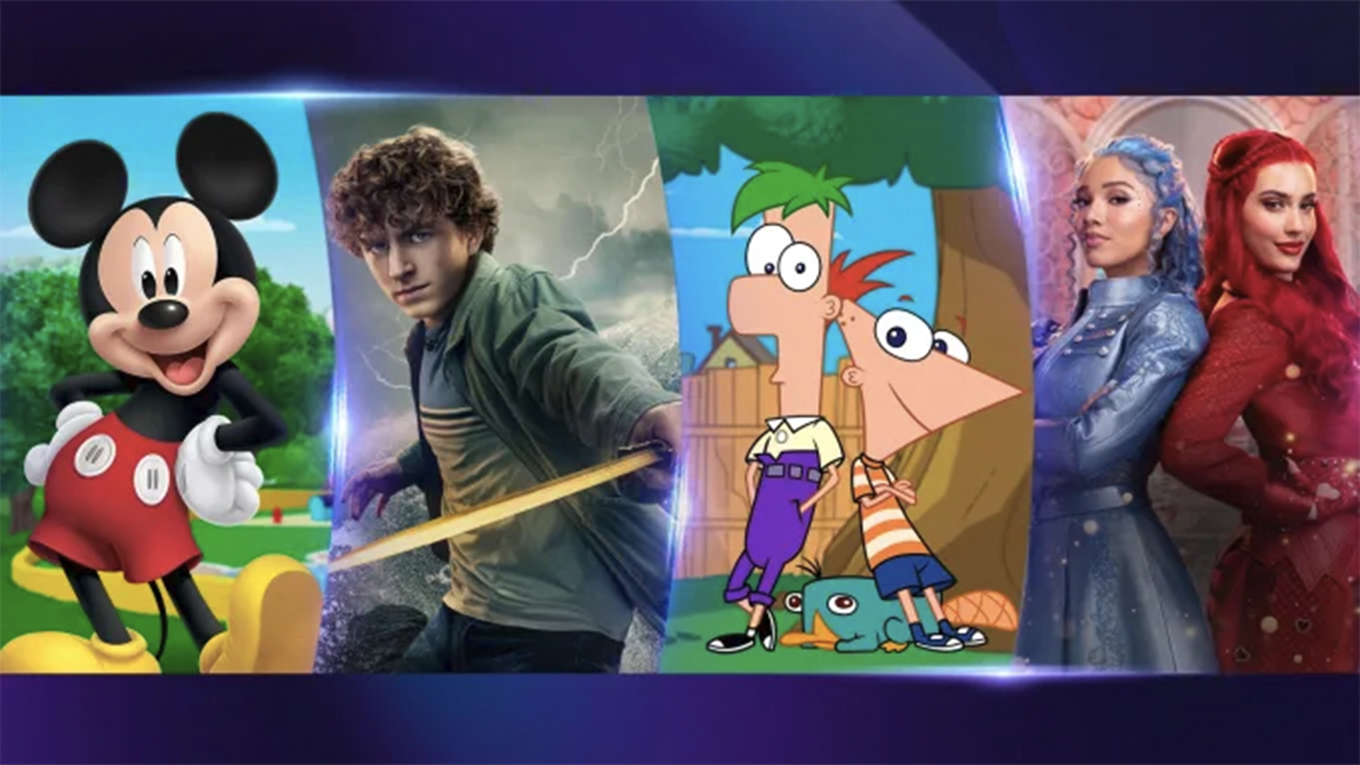 Collage of Popular Characters Mickey Mouse on the Left a Young Action Hero Center Phineas and Ferb Near the Middle and Two Stylish Women on the Right