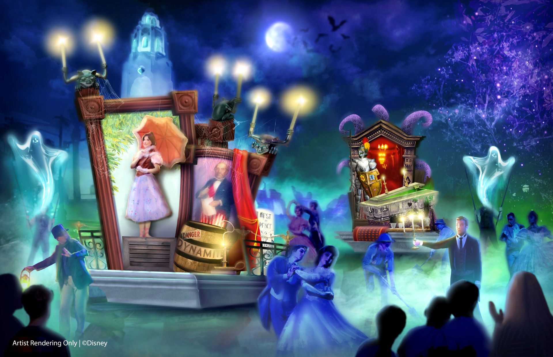 Oogie Boogie Bash New Haunted Mansion Street Party and More | The Main Street Mouse Whimsical Night Parade Float with a Knight Figure a Girl in a Pink Dress Holding an Umbrella and Glowing Lanterns Amid a Blue green Crowd Scene