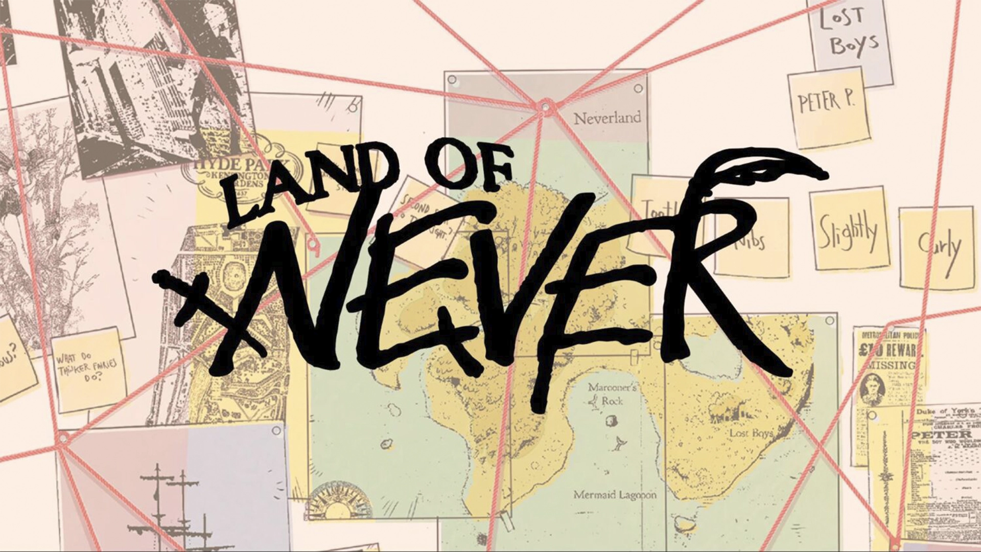 Collage Map Labeled neverland with Pink Background and Red Strings Connecting Notes and Sticky Notes