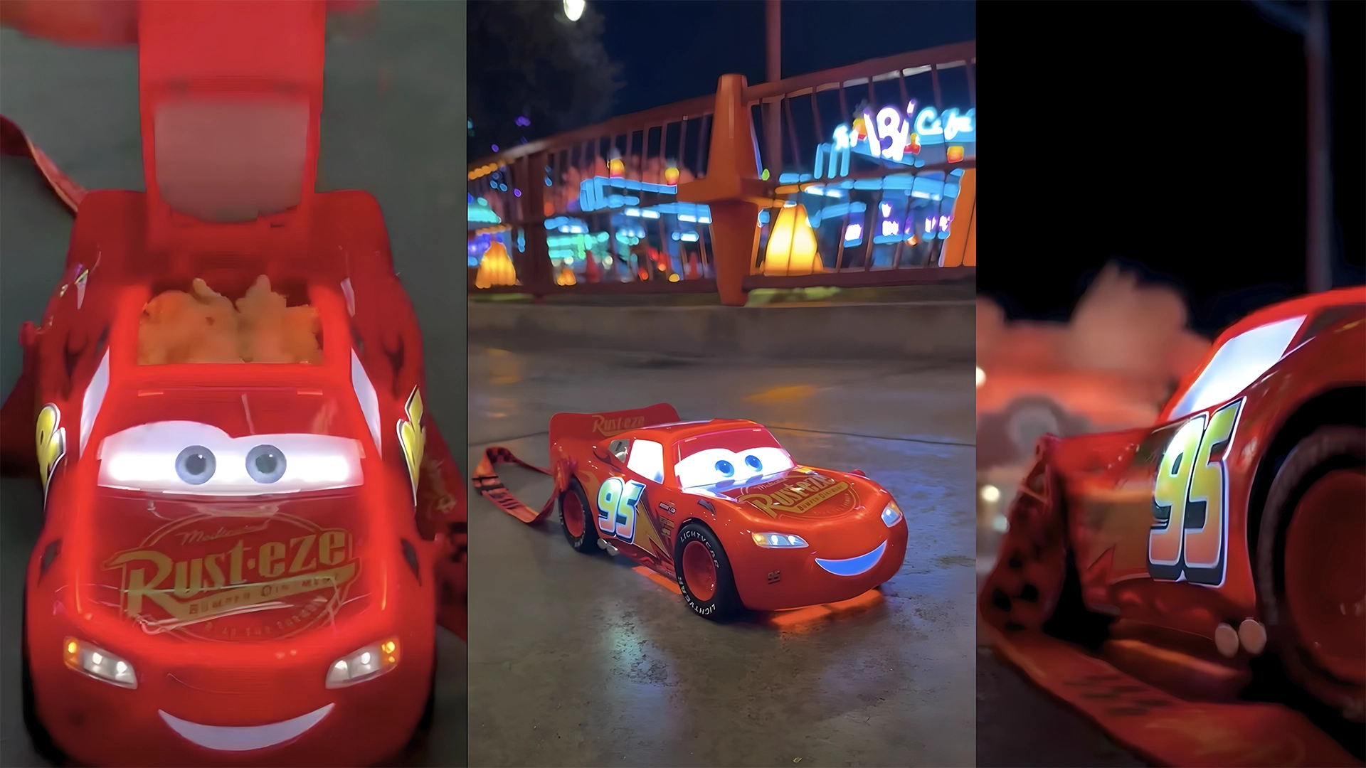 KaChow Disney Parks Are Getting a New Lightning McQueen Popcorn Bucket | The Main Street Mouse Triptych Collage of a Red Lightning Mcqueen Toy Car with Large Eyes on a Reflective Surface with Neon lit Background