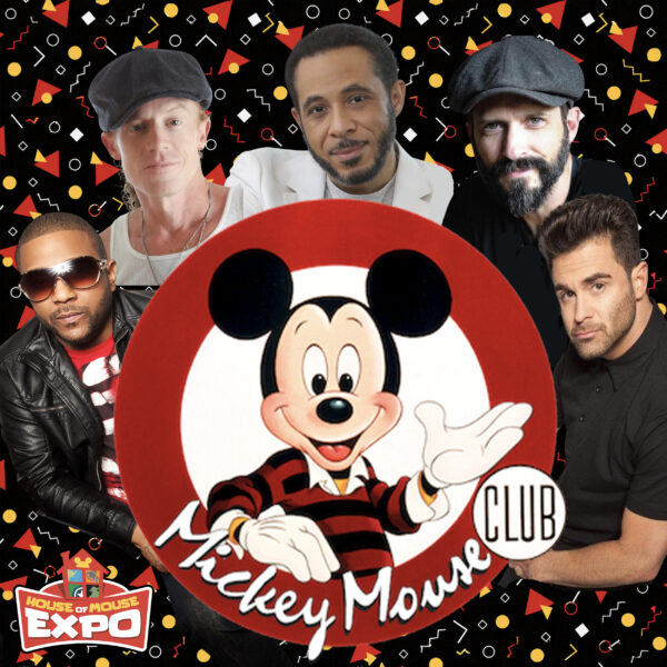 MMC Collage | The Main Street Mouse Group of People Posing with a Large Mickey Mouse Cutout at a Colorful Expo Backdrop
