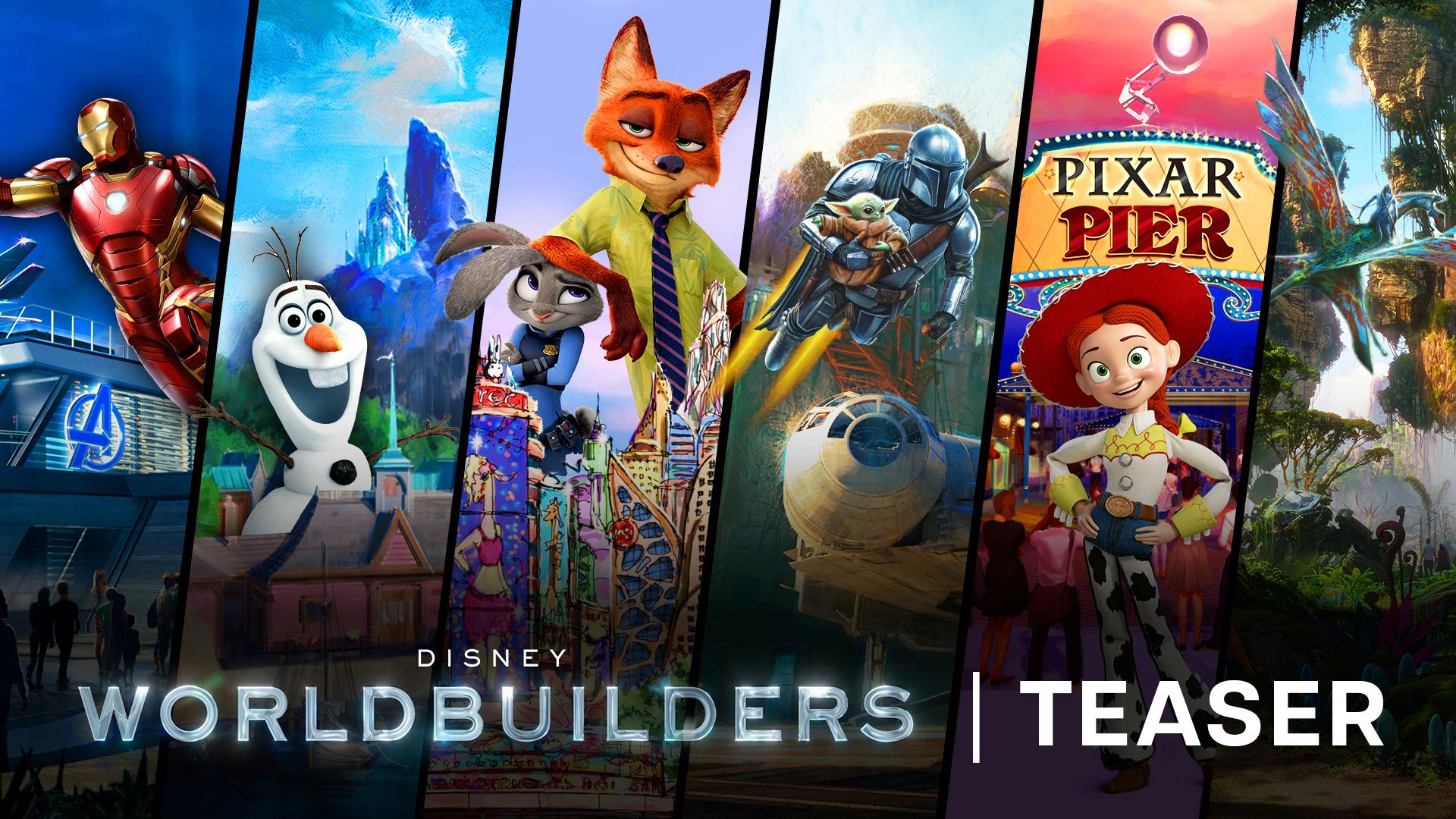Promotional Collage Poster for Disney World Builders Teaser Featuring Multiple Animated Characters in Diagonal Panels with disney Worldbuilders Teaser Text