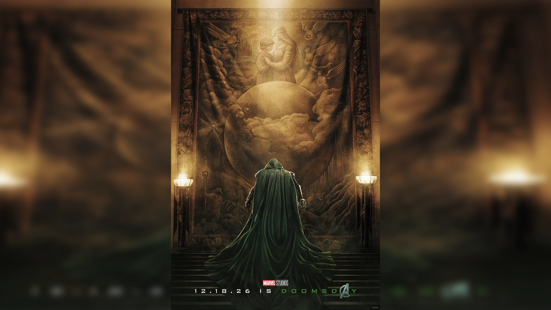 Hooded Figure in a Long Green Cape Stands Before a Huge Circular Painting of Clouds and Figures Flanked by Two Torches Like a Movie Poster Setting