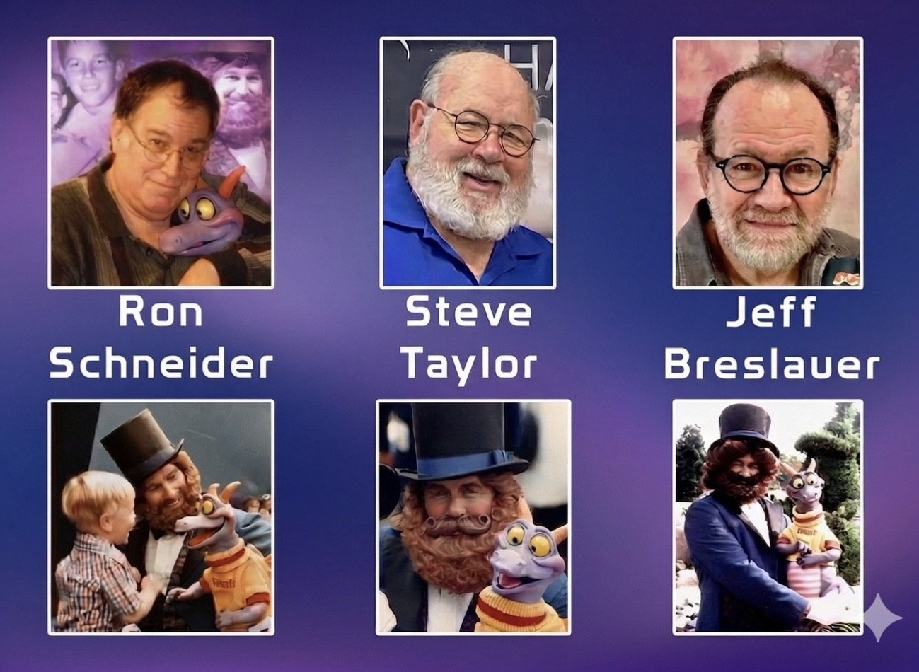 Six portrait Collage of Puppeteers on a Purple Gradient Background Top Row Ron Schneider with a Purple Puppet Steve Taylor Smiling and Jeff Breslauer Wearing Glasses Bottom Row a Man with a Child and a Puppet a Bearded Man with a Puppet and a Man in a Suit with a Puppet
