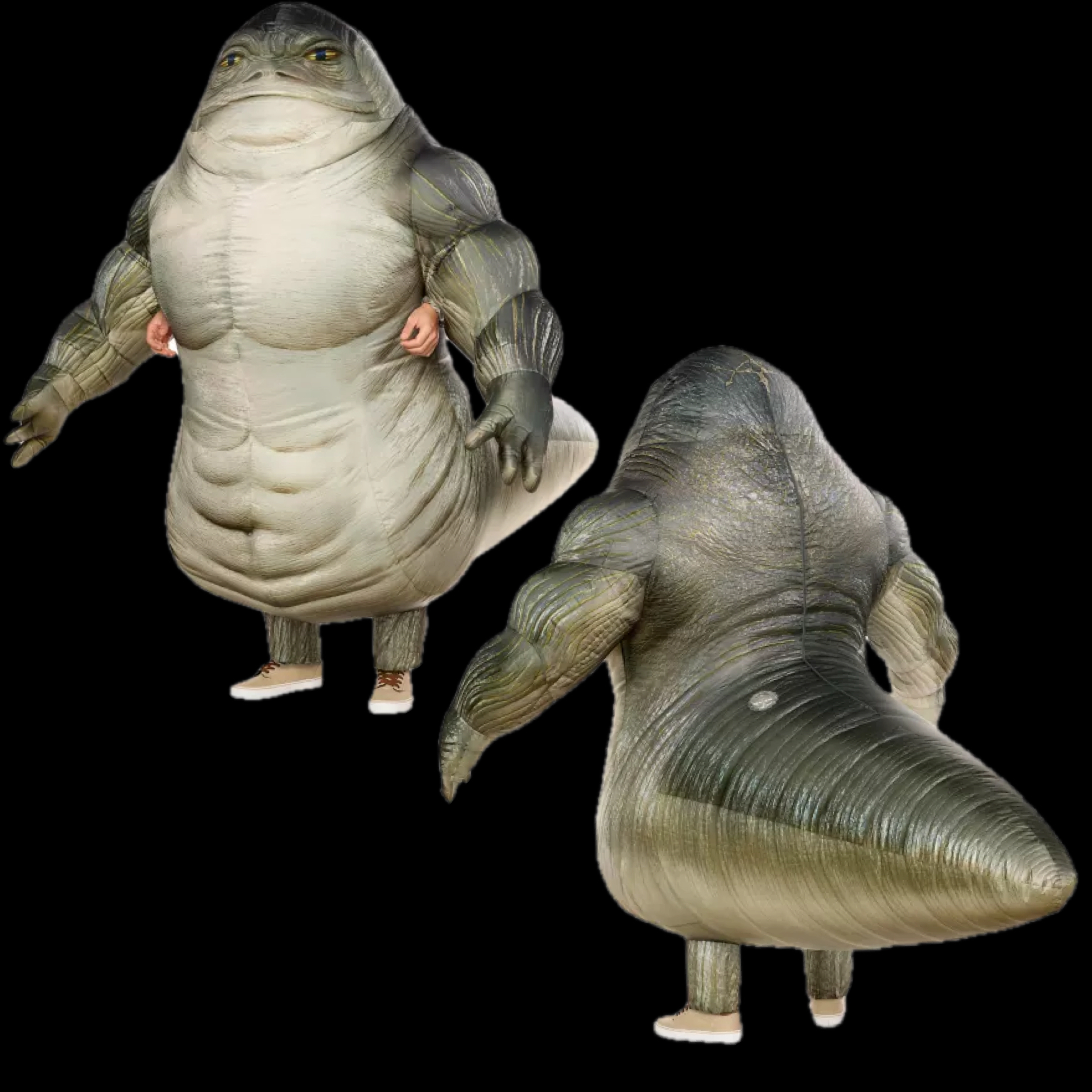 Two Large Humanoid Turtles Standing Upright on a Black Background One in the Foreground Wearing Beige Pants and Sneakers