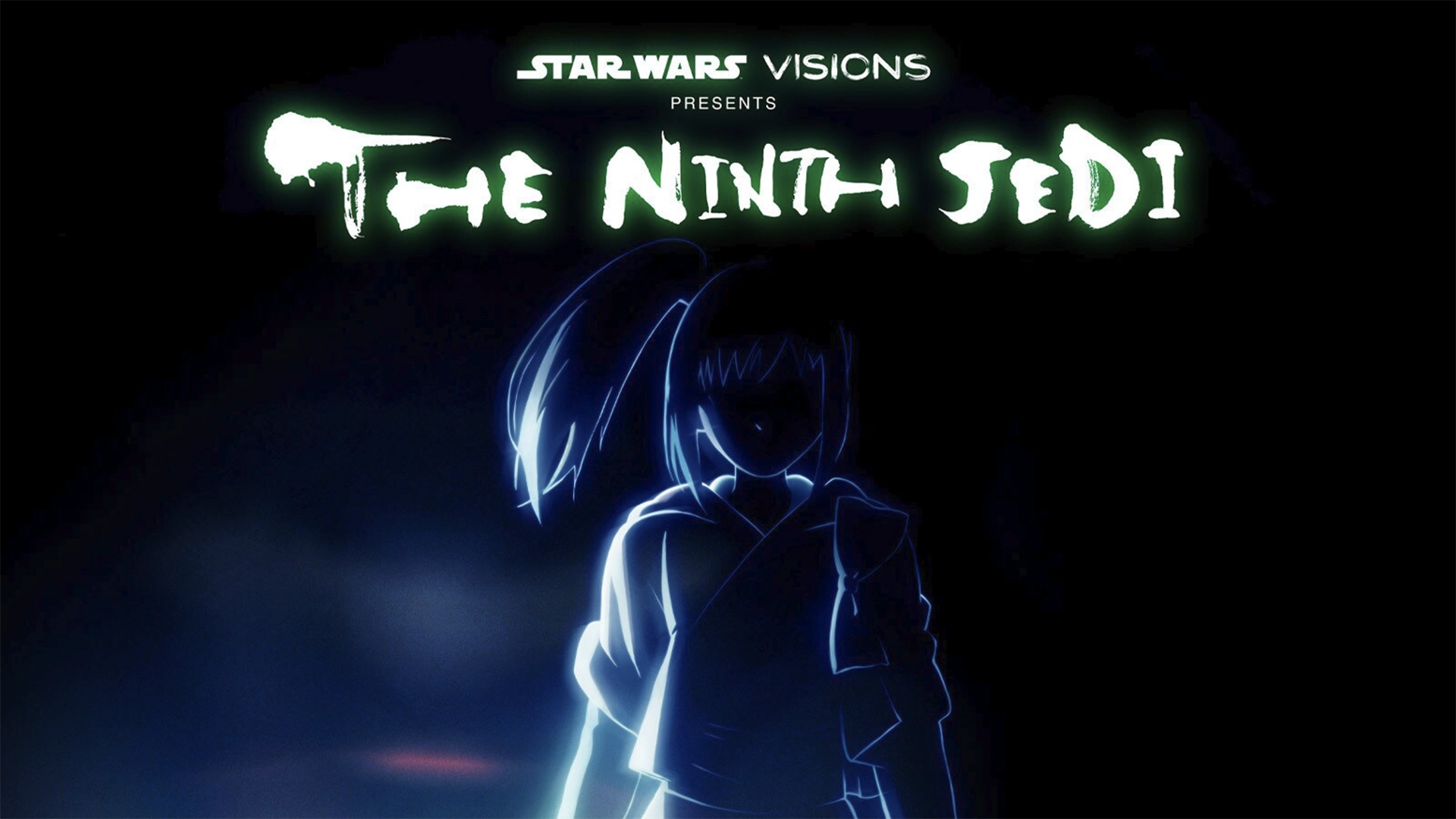 Poster for Star Wars Visions the Ninth Jedi Showing a Glowing Blue Silhouette of a Jedi Against a Dark Misty Background