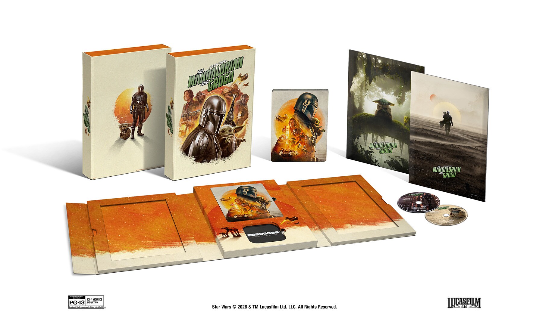Star Wars the Mandalorian and Grogu Collectors Set with Beige Boxes Orange edged Spines a Metal Tin Posters and Discs Displayed on a White Background