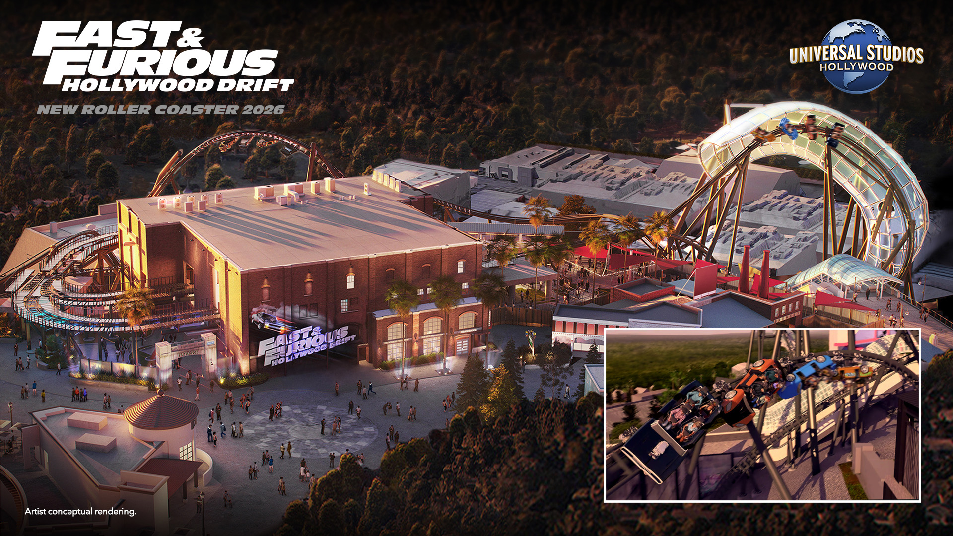 Fast Furious Hollywood Drift at USH rendering of new roller coaster 2026 | The Main Street Mouse Fast Furious Hollywood Drift at Ush Rendering of New Roller Coaster 2026