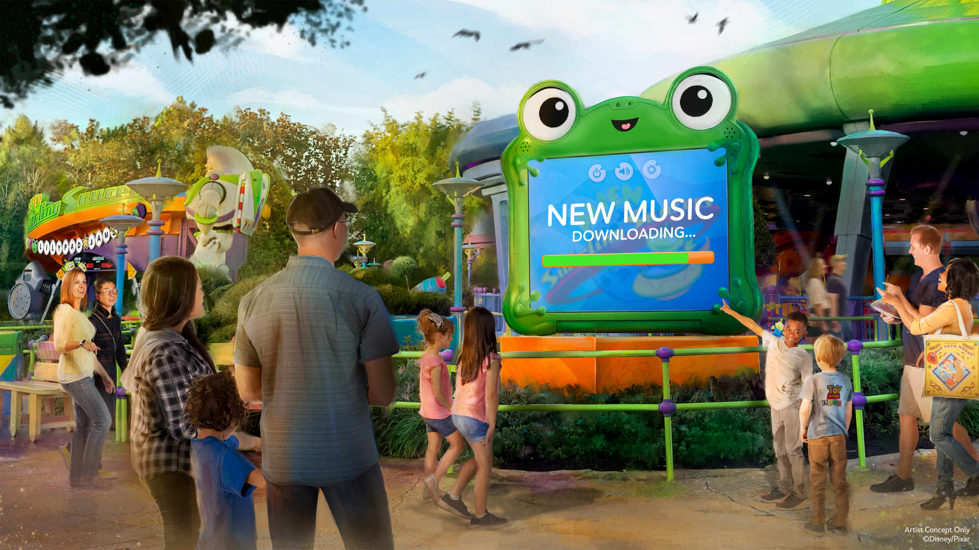 Meet Lilypad The New DJ Frog Coming to Toy Story Land at Hollywood Studios | The Main Street Mouse Lilypad the Dj Frog Character from Toy Story 5 at Alien Swirling Saucers in Toy Story Land at Disneys Hollywood Studios