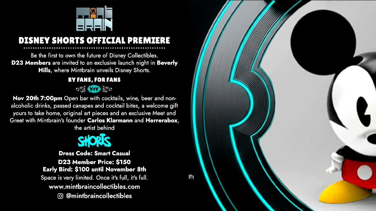 D23 Members Get Discounted Tickets to the Disney Shorts Collectible Launch Premiere in Beverly Hills | The Main Street Mouse Disney Shorts Collectible Launch Premiere Invitation Featuring a Stylized Mickey Mouse Figure Caption Image D23
