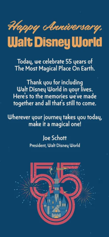Walt Disney World President Joe Schott Happy Anniversary Wdw