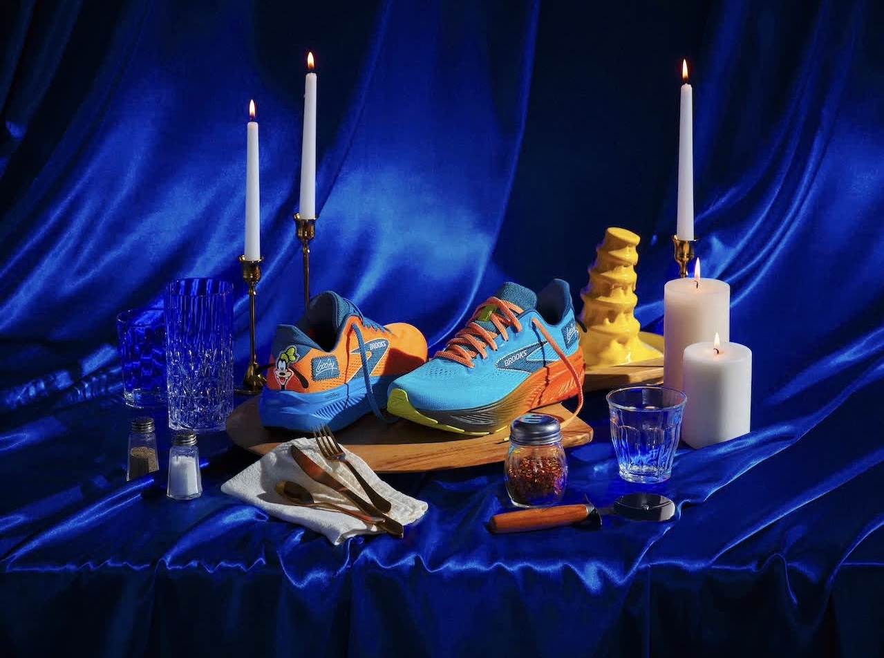 Brooks Ghost 18 Goofy Rundisney Shoe in Orange and Blue with Denim Details