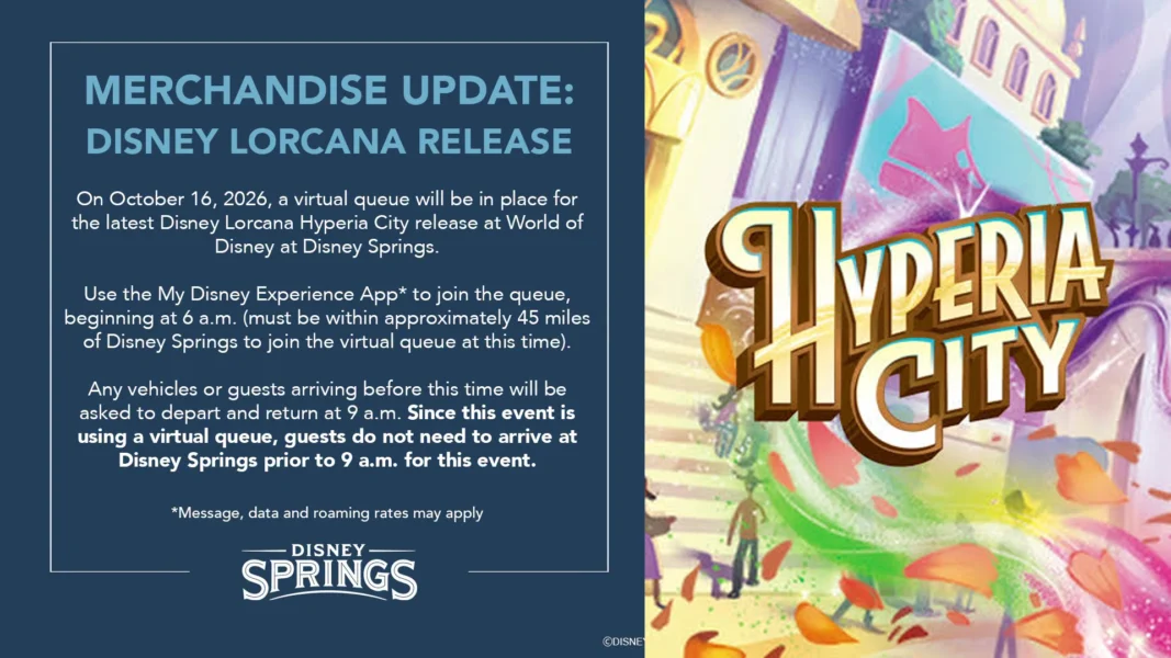 Disney Lorcana Hyperia City Virtual Queue Coming to World of Disney at Disney Springs on October 16 | The Main Street Mouse Disney Lorcana Hyperia City Virtual Queue Coming to World of Disney at Disney Springs on October 16